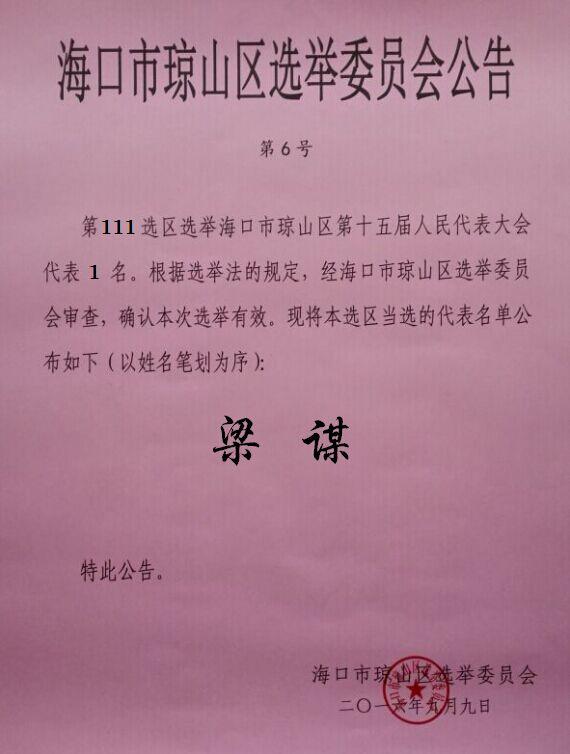 海口市琼山区选举会员会公告（第6号）